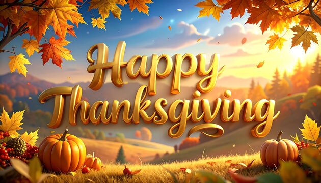 Happy Thanksgiving" with autumn leaves and pumpkins framing a softly focused rural landscape under a bright, hazy sky