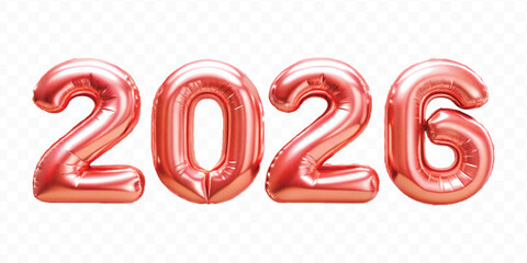 realistic 3d 2026 typography made by with different color foil balloons isolated on transparent background