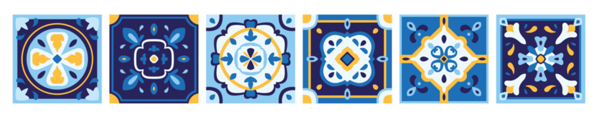 Ceramic majolica tiles in navy blue and yellow colors. Italian patterns set, Portuguese ornaments. Patchwork elements. Kitchen, floor mosaic. Vector illustration. © Marina