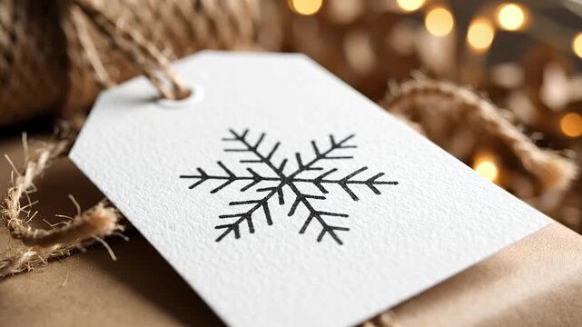 Rustic holiday gift tag with a black snowflake close up tied with natural twine on craft paper background warm bokeh Christmas lights for winter celebration