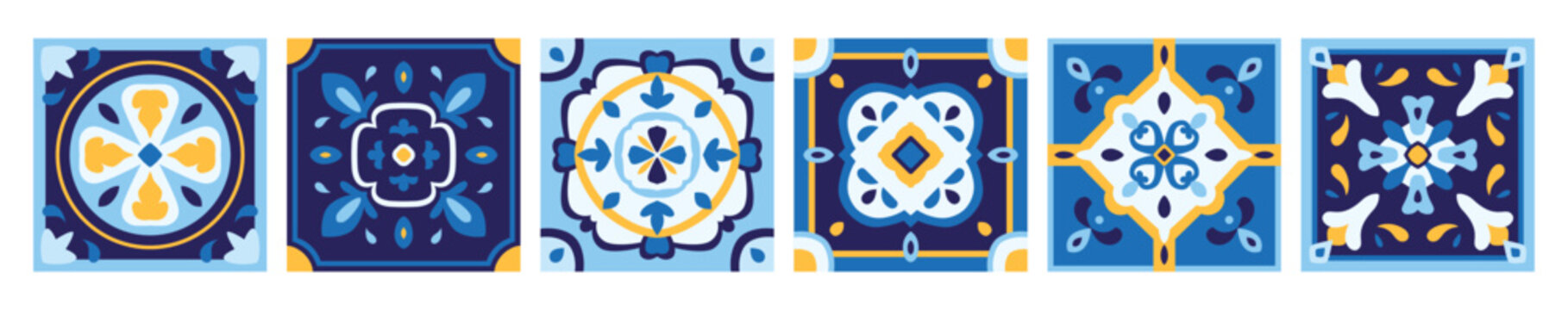 Ceramic majolica tiles in navy blue and yellow colors. Italian patterns set, Portuguese ornaments. Patchwork elements. Kitchen, floor mosaic. Vector illustration.