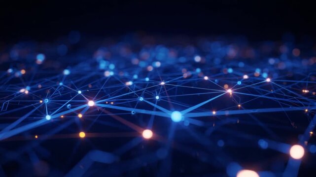Dark abstract background of illuminated network connections and flowing digital data points in a futuristic setting