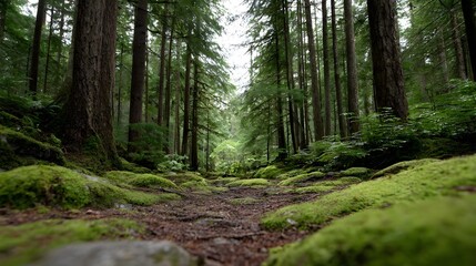 Fototapeta premium A serene forest path covered in moss leading through tall evergreen trees in a natural woodland