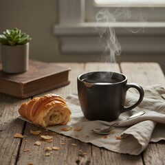 A steaming cup of coffee and a half-eaten croissant sit on a rustic wooden table. Steam rises slowly from the cup, and crumbs of the croissant are scattered across the table.
