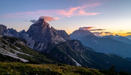 A scenic mountain range is illuminated by a sunset. Soft pink and orange hues paint the sky above jagged peaks