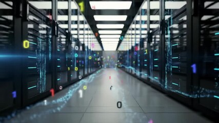 A slow steadicam tracking video glides through an infinite, dark, futuristic data center corridor with towering server racks, pulsing blue LEDs, and glowing digital streams. High-tech cloud computing - Powered by Adobe