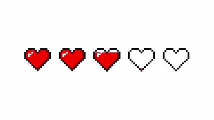 Animation of pixel game life hearts bar on white transparent background. 8 bit health heart bar, retro game symbols set. Game over concept. 4k animation video - Powered by Adobe