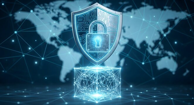 Cyber Security Shield with Padlock on World Map Protecting Data and Privacy Online