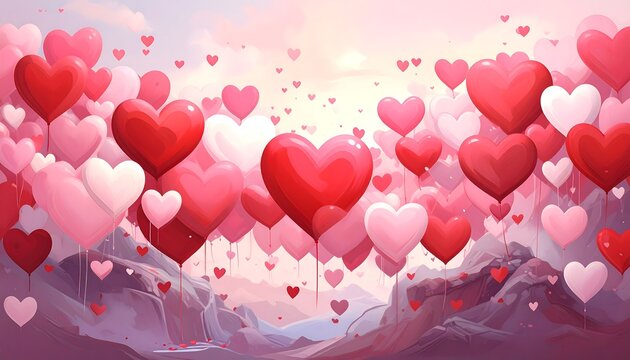 Heart balloons float over pastel hued, abstract mountainous scenery, romantic and dreamy