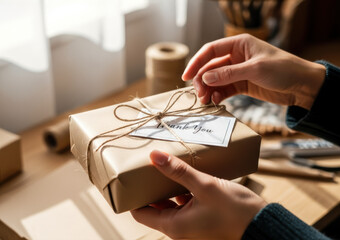Person wrapping gift with twine and thankyou tag on wooden desk -