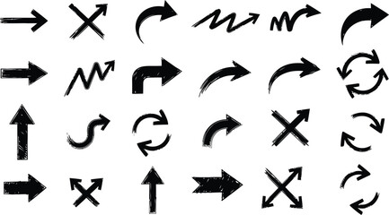 set of hand drawn abstract distress grunge brush arrows, set of black and white silhouettes of various brushed strokes, Hand-drawn collection of various arrow and brush set.
