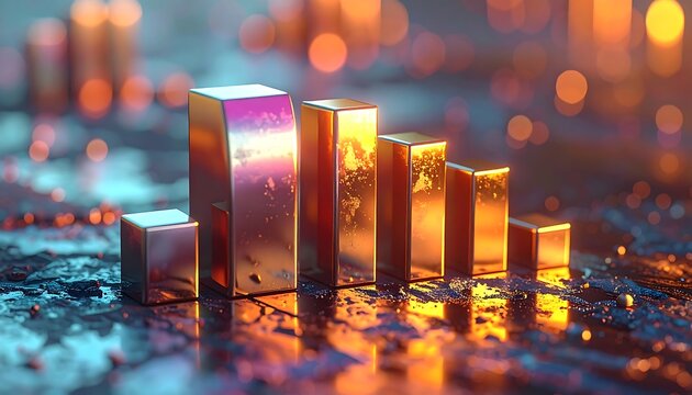 Golden bar graph on a textured, glowing surface, showing a downward trend with bokeh lights in the background