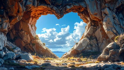 Heart-shaped cave opening to blue sky with clouds, rocky terrain. Light plays across the stone in warm tones