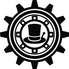 Top hat gear logo icon design with bowler hat symbol inside vector illustration