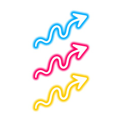 Three neon-colored arrows pointing upwards with wavy lines, isolated on a white background, suggesting growth or direction.