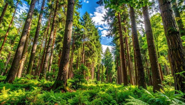 Tall green trees and dense undergrowth in a vibrant forest with sunlight filtering through the canopy under a blue sky