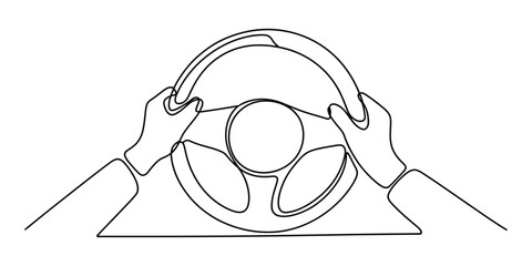 Hands on a steering wheel, continuous line art for driving journey.