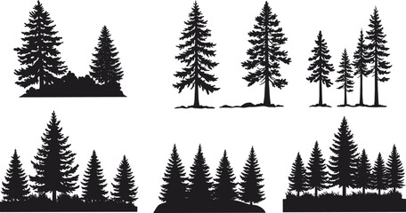 Coniferous tree silhouettes, pine forest shapes, evergreen tree icons, nature vector set, black tree graphics, woodland clipart, landscape elements