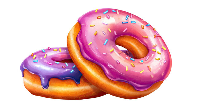 Stack of colorful glazed donuts with sprinkles and sweet icing delicious dessert pastry bakery treat isolated on white background