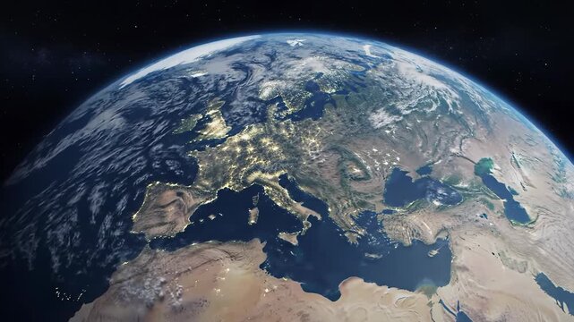 Ultra-photorealistic rotating Earth in deep space, shimmering city lights of Europe and Asia, atmospheric glow, soft bokeh stars. Concept of immense cosmic scale