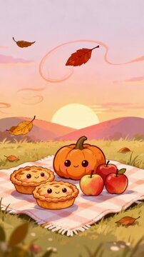 cute Thanksgiving picnic blanket pies pumpkins and apples are laid out with leaves gently swaying in the air
