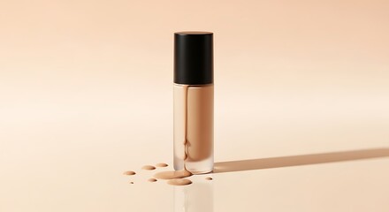 Illustration of bottle of liquid foundation makeup with a black cap, spilling slightly on a neutral surface