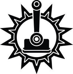 Abstract joystick icon in a spiked gear symbol with lever and button
