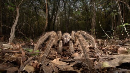 Obraz premium Large hairy tarantula in forest habitat