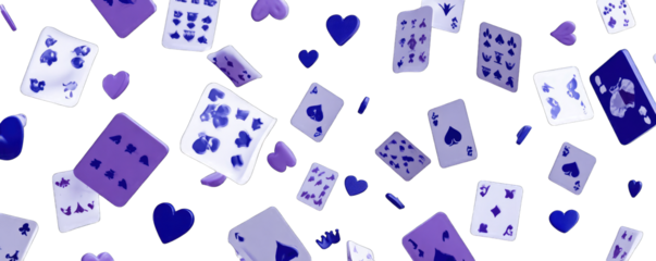 Purple playing cards falling on black background