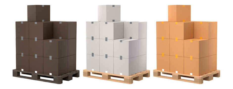 Set of wooden pallet for warehouse cargo storage  with cardboard boxes on white