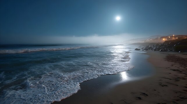 Serene ocean waves break on a misty beach under the soft glow of moonlight and distant coastal lights
