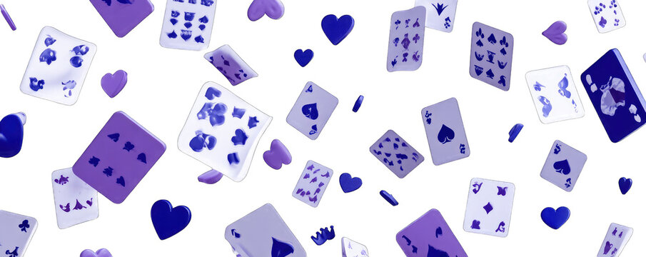 Purple playing cards falling on black background