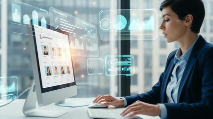 Businesswoman analyzing performance data on a computer with a virtual interface - Powered by Adobe