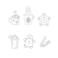 Christmas Drinks and Cookies Icon Set Outline. Cute Winter Hot Chocolate Mug Collection.Christmas doodle hot beverages with holiday decorations.Holiday food outline icons set.Festive Christmas cookies