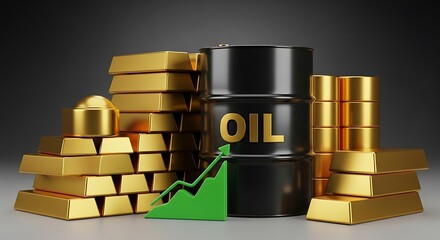 Illustration of oil barrel and gold bars with a green upward trend graph