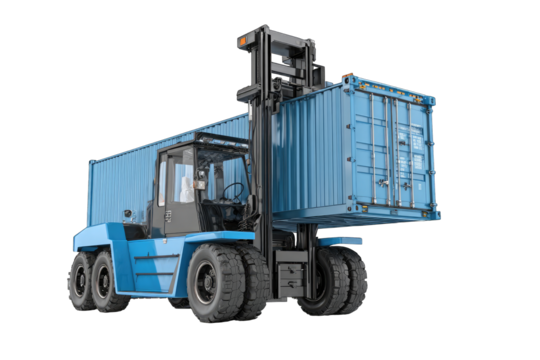 Blue forklift lifting a blue shipping container