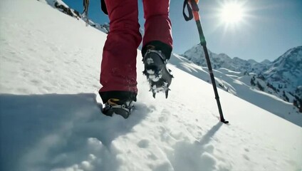 Person hiking uphill in snow with ski poles and mountains in background - Powered by Adobe