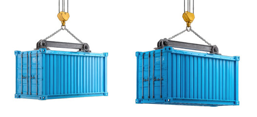 Two blue shipping containers suspended by yellow crane