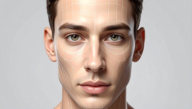 Handsome man's face with a grid overlaid. Subtle lines indicate contours; neutral expression, soft lighting