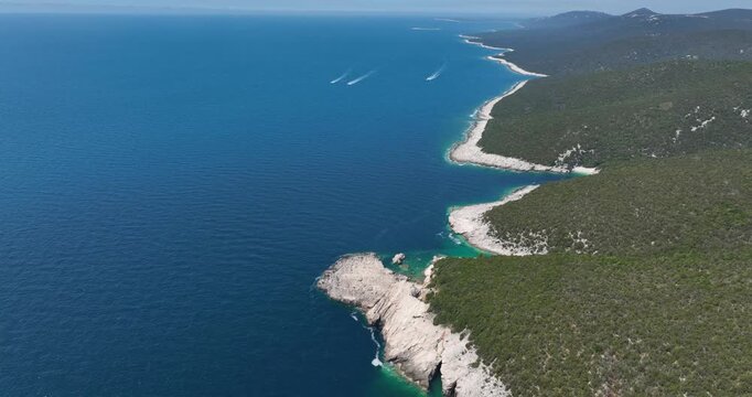 Dugi Otok island coastline, with rugged white cliffs, vegetation and deep blue waters, Croatia