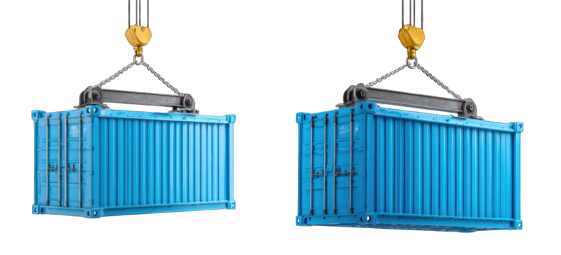 Two blue shipping containers suspended by yellow crane