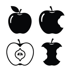 Set of four black apple icons showing whole bitten half and core illustrations