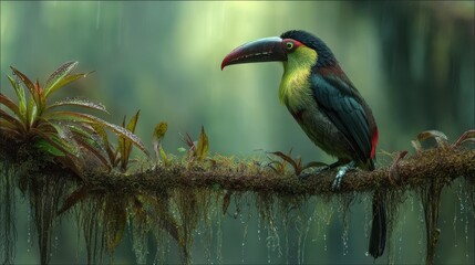 Naklejka premium Tropical Toucan Bird on Mossy Branch