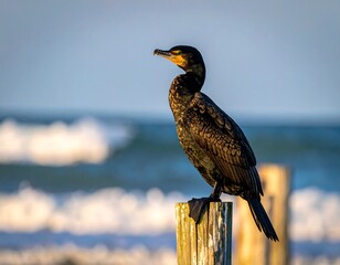 Cormorant perched atop a wooden post overlooking the ocean