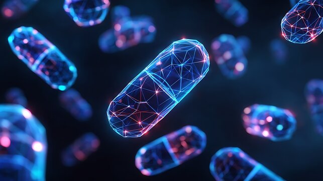 Digital Pharmaceuticals: Glowing Wireframe Medicine Capsules and Abstract Drug Technology on Dark Background.