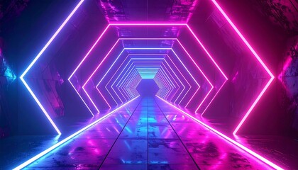 Hexagonal tunnel, glowing neon pink, blue and turquoise lights, tiled floor, concrete walls in a symmetrical perspective