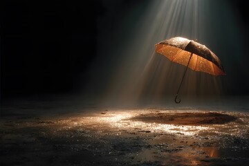 An umbrella in a spotlight, highlighting artistry, mystery, and dramatic atmosphere.