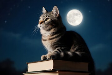 A cat on books under a full moon, emphasizing nature, curiosity, and serene atmosphere.