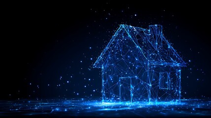 Smart Home Concept: Glowing Wireframe House Icon and Abstract Digital Real Estate Technology Background.