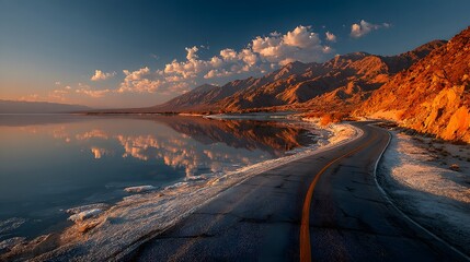 A road by a reflective body of water, showcasing adventure, nature, and scenic beauty.